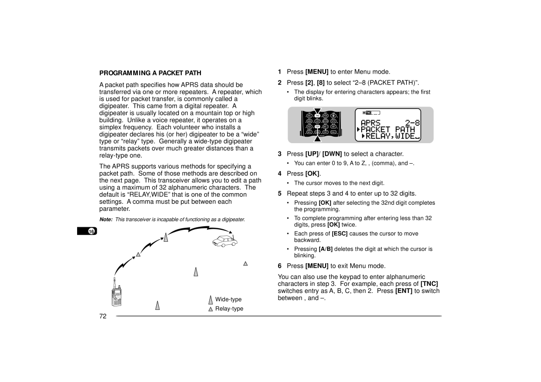 Kenwood 144, 440 MHz TH-D7A instruction manual Programming a Packet Path, Repeat steps 3 and 4 to enter up to 32 digits 