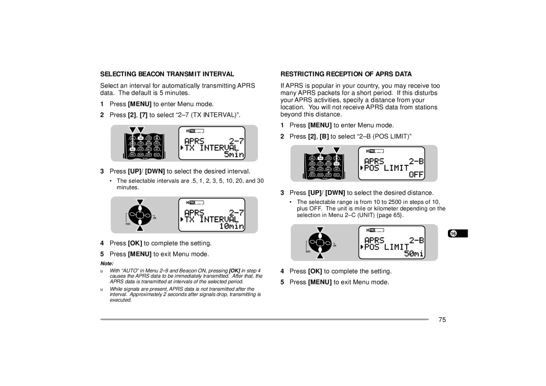 Kenwood 144, 440 MHz TH-D7A instruction manual Selecting Beacon Transmit Interval, Restricting Reception of Aprs Data 