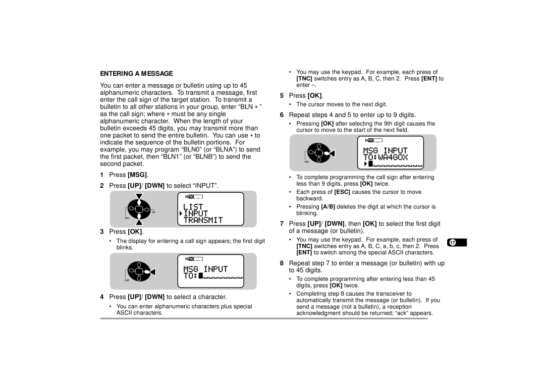 Kenwood 440 MHz TH-D7A, 144 instruction manual Entering a Message, Repeat steps 4 and 5 to enter up to 9 digits 