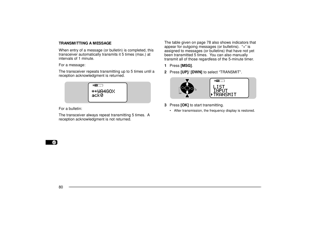 Kenwood 440 MHz TH-D7A, 144 instruction manual Transmitting a Message, Press OK to start transmitting 