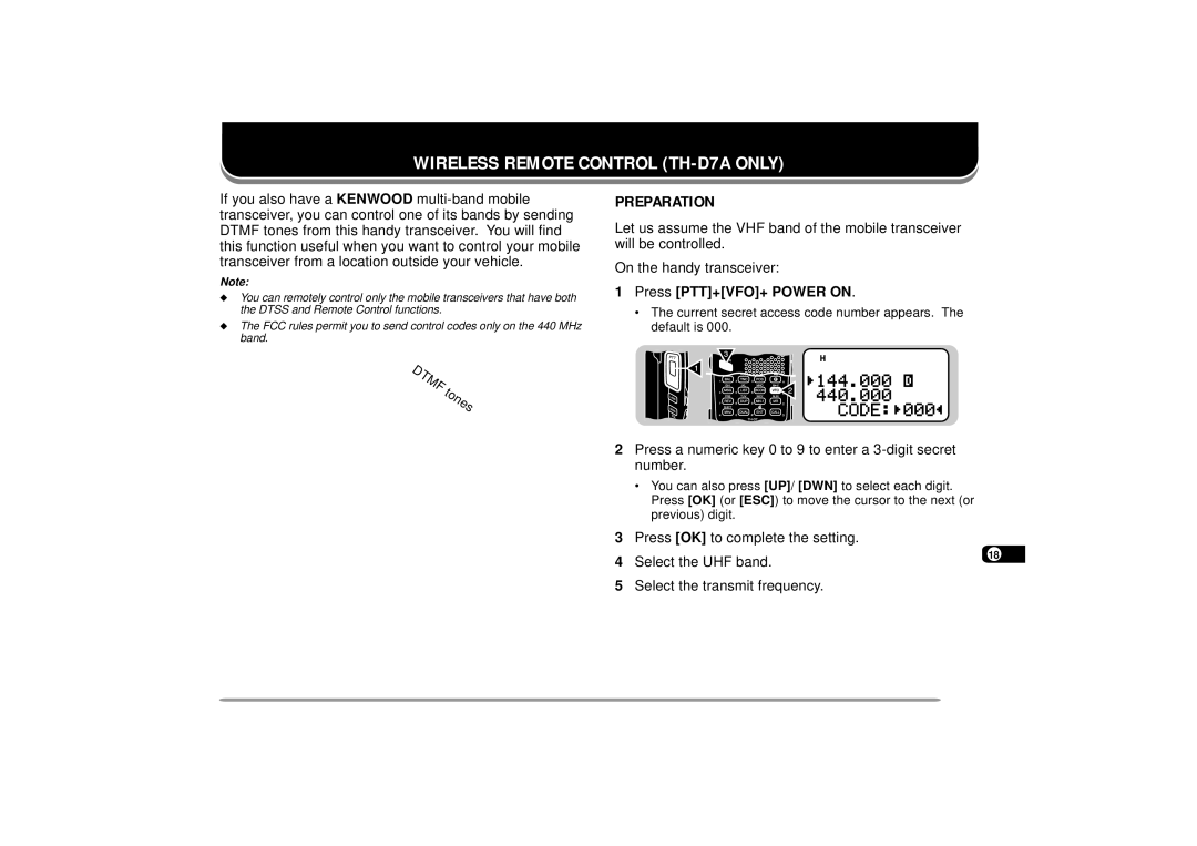 Kenwood 144, 440 MHz TH-D7A instruction manual Wireless Remote Control TH-D7A only, Preparation, Press PTT+VFO+ Power on 