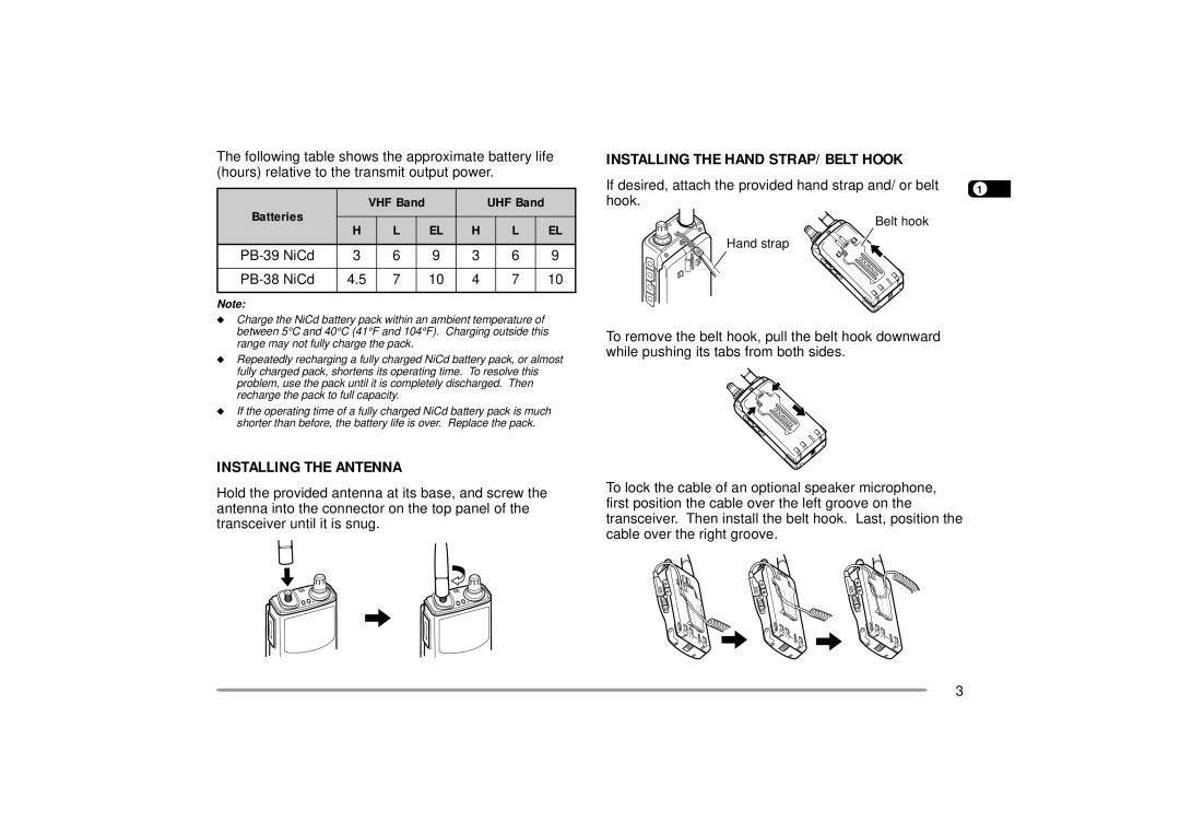 Kenwood TH-D7A, 144 Installing the Antenna, Installing the Hand STRAP/ Belt Hook, Batteries, PB-39 NiCd PB-38 NiCd 