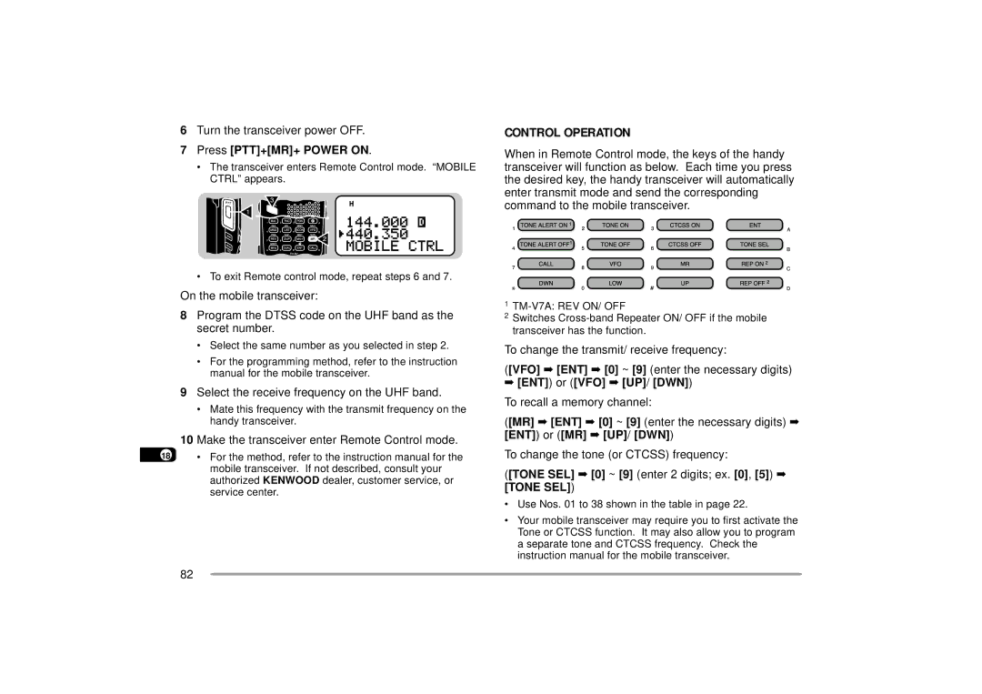 Kenwood 440 MHz TH-D7A, 144 Control Operation, Press PTT+MR+ Power on, ENT or VFO UP/ DWN To recall a memory channel 