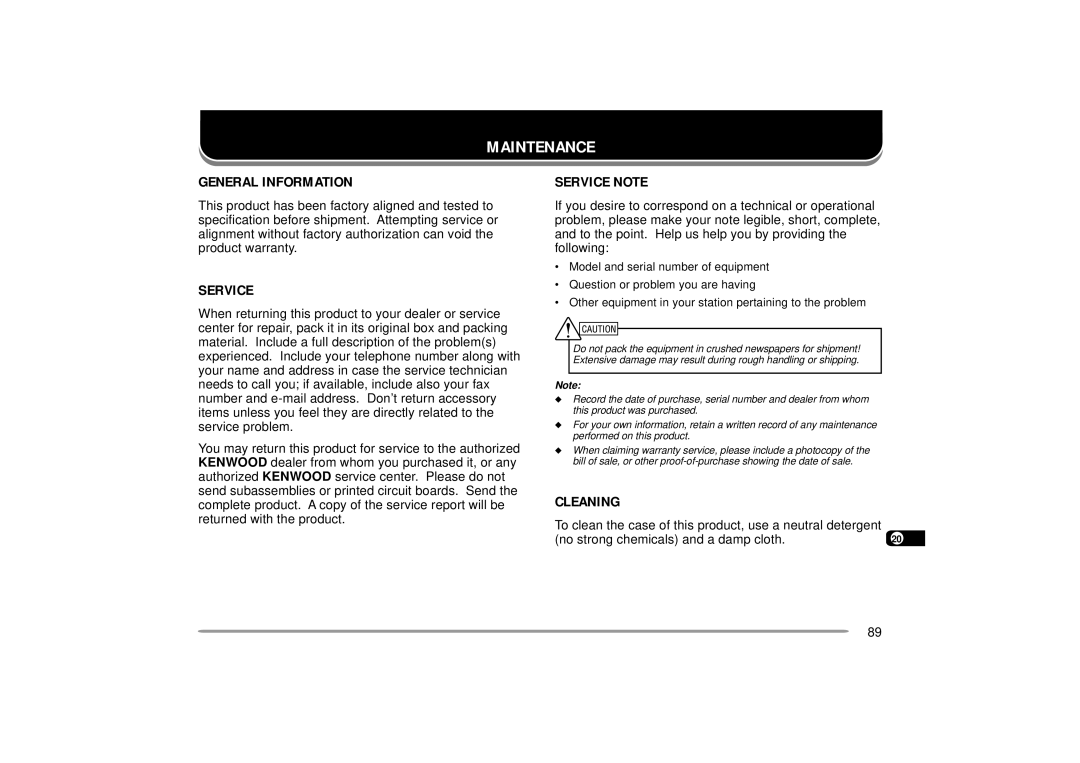 Kenwood 440 MHz TH-D7A, 144 instruction manual Maintenance, General Information, Service Note, Cleaning 