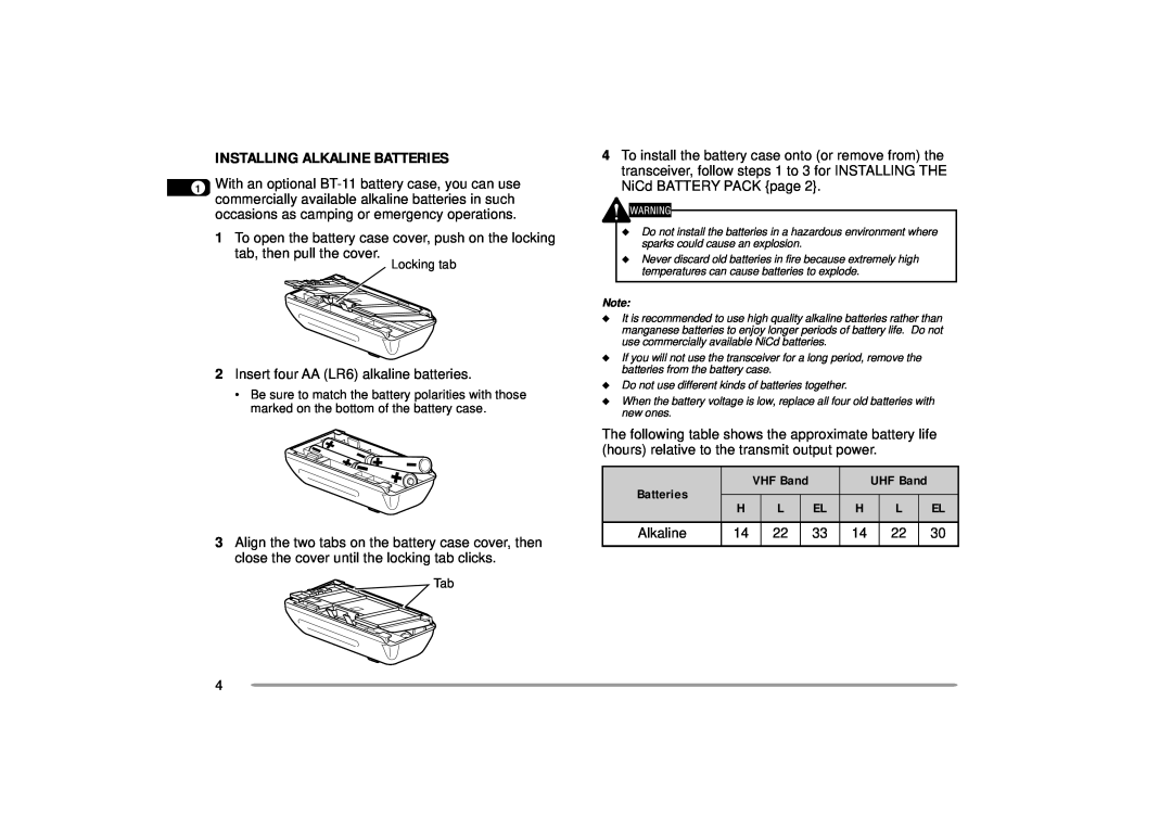 Kenwood 440 MHz TH-D7A, 144 instruction manual Installing Alkaline Batteries 