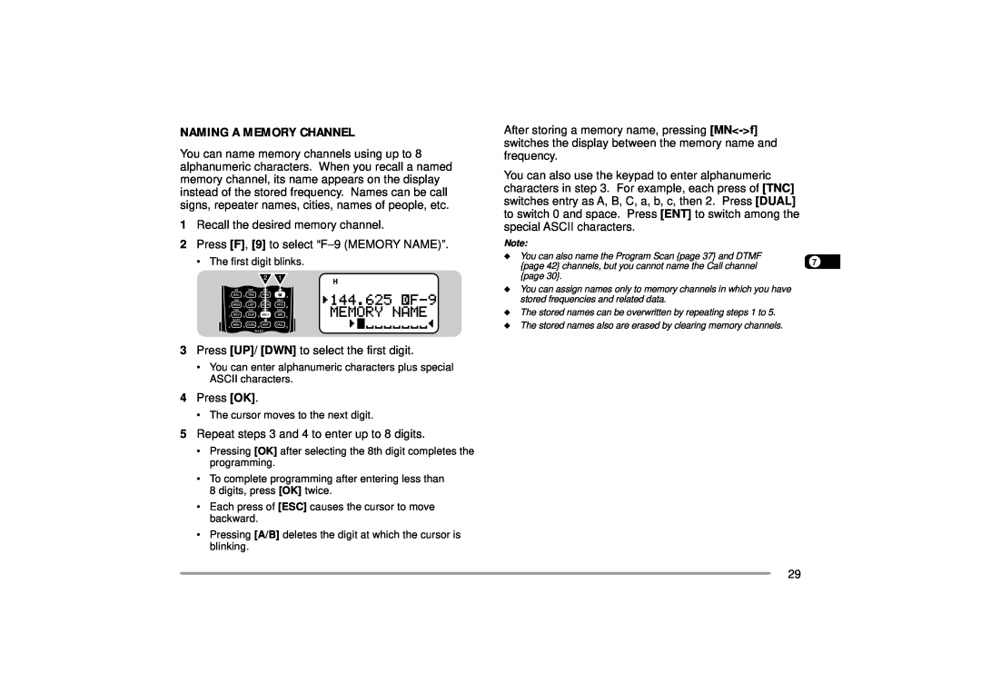 Kenwood 440 MHz TH-D7A, 144 instruction manual Naming A Memory Channel 