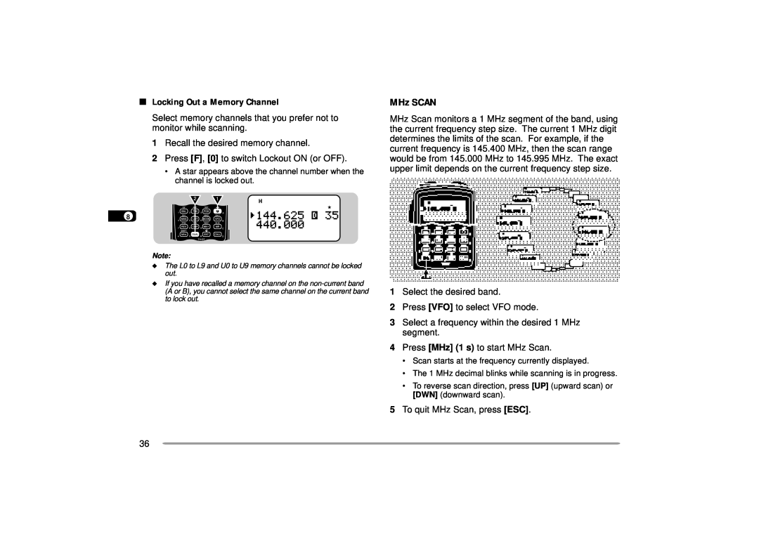 Kenwood 144, 440 MHz TH-D7A instruction manual MHz SCAN, Locking Out a Memory Channel 