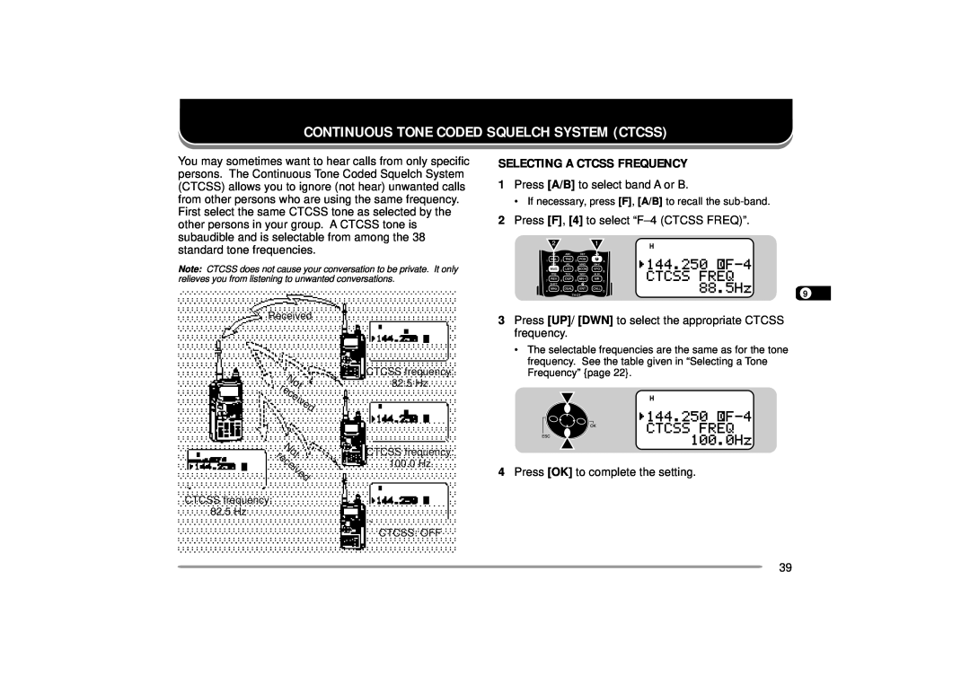 Kenwood 144, 440 MHz TH-D7A instruction manual Continuous Tone Coded Squelch System Ctcss, Selecting A Ctcss Frequency 