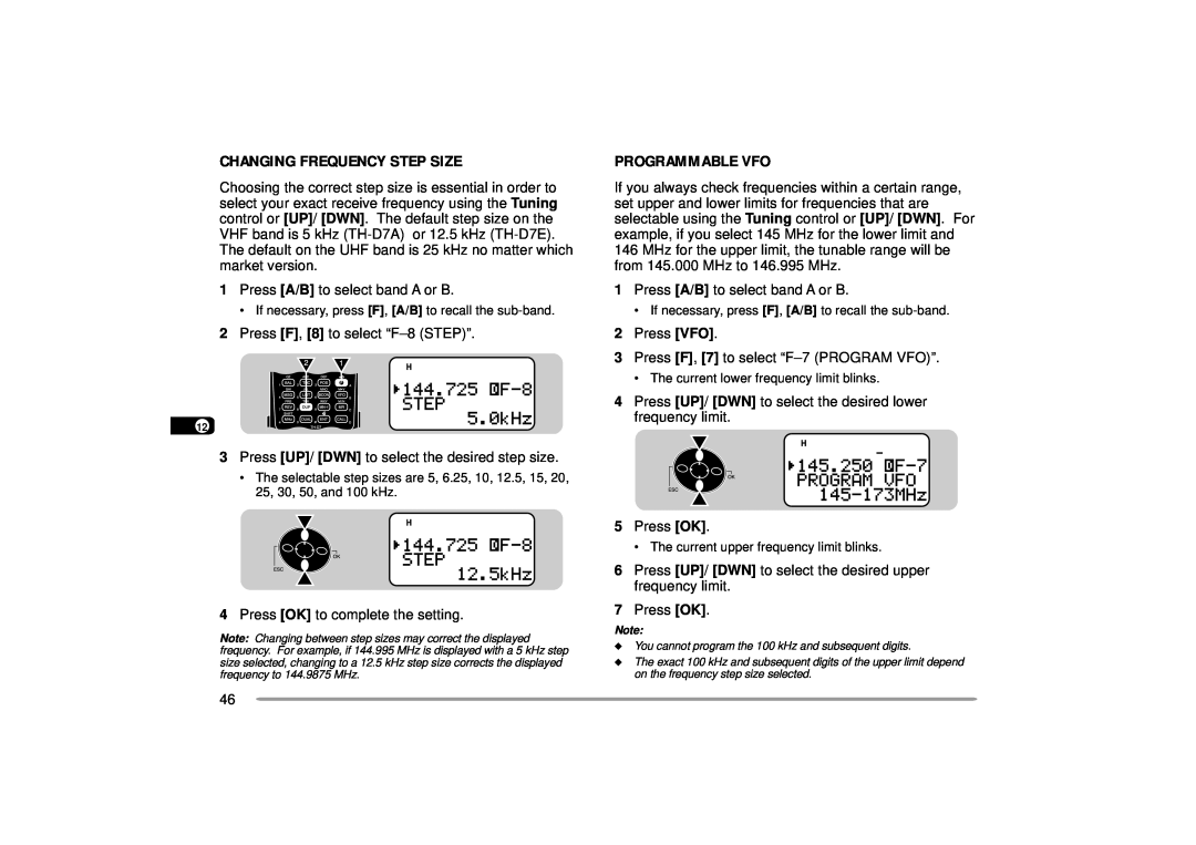 Kenwood 440 MHz TH-D7A, 144 instruction manual Changing Frequency Step Size, Programmable Vfo 
