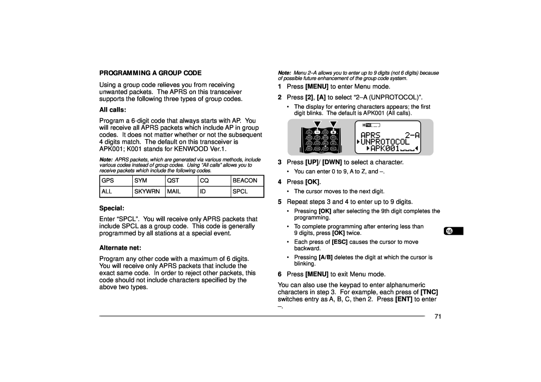 Kenwood 440 MHz TH-D7A, 144 instruction manual Programming A Group Code, All calls, Special, Alternate net 