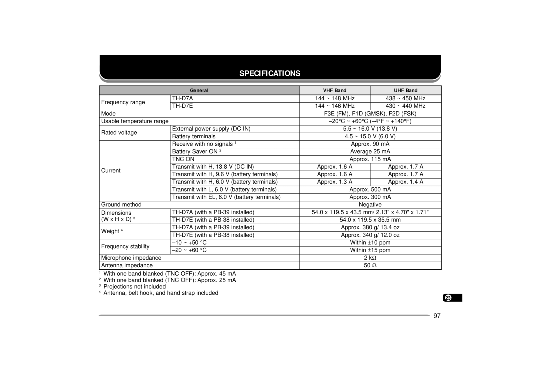 Kenwood TH-D7E, TH-D7A instruction manual Specifications, General VHF Band UHF Band 