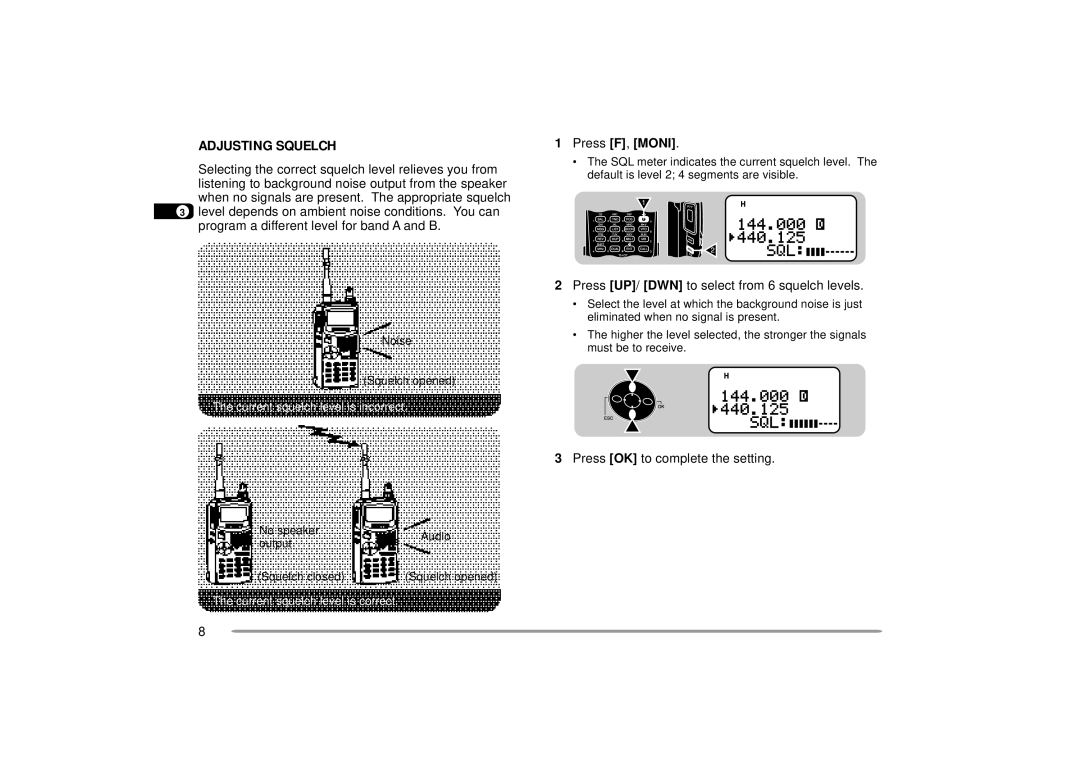 Kenwood TH-D7A, TH-D7E instruction manual Adjusting Squelch, Press F, Moni, Press UP/ DWN to select from 6 squelch levels 