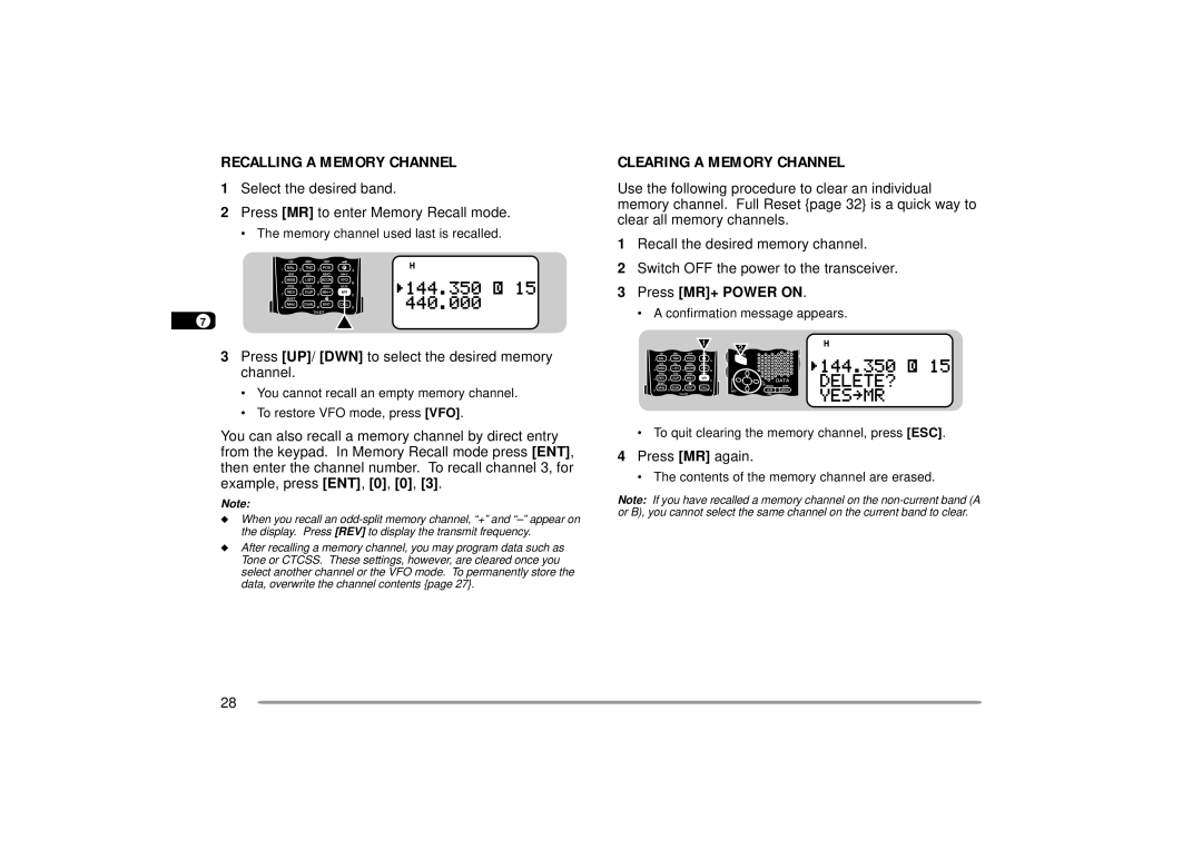 Kenwood TH-D7A Recalling a Memory Channel, Clearing a Memory Channel, Press UP/ DWN to select the desired memory Channel 