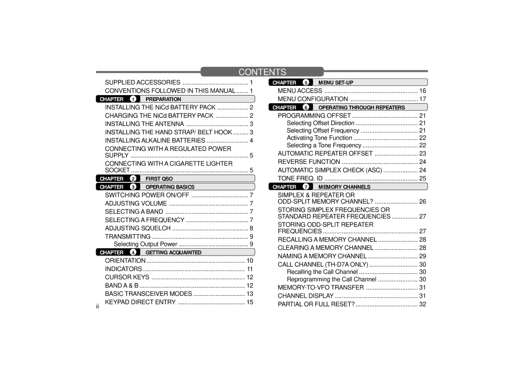 Kenwood TH-D7A, TH-D7E instruction manual Contents 