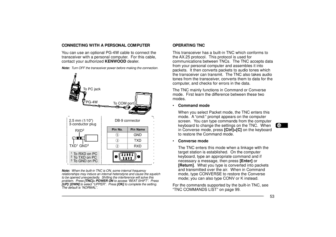 Kenwood TH-D7E, TH-D7A instruction manual Connecting with a Personal Computer, Operating TNC, Command mode, Converse mode 