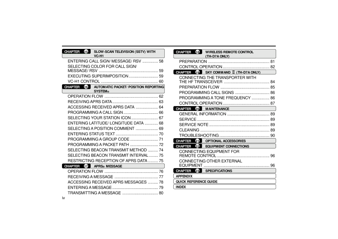 Kenwood TH-D7E System, Aprs Message, Wireless Remote Control TH-D7A only, SKY Command 2 TH-D7A only, Maintenance 