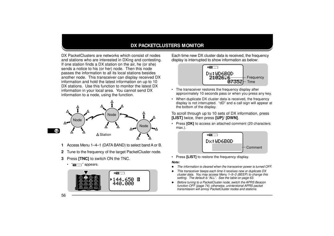 Kenwood TH-D7A, TH-D7E instruction manual DX Packetclusters Monitor, Comment Press List to restore the frequency display 