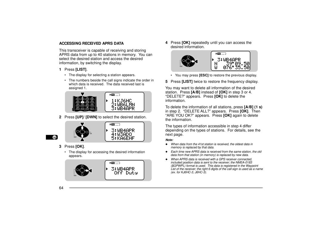 Kenwood TH-D7A Accessing Received Aprs Data, Press List, 12 2 Press UP/ DWN to select the desired station, 18 3 Press OK 