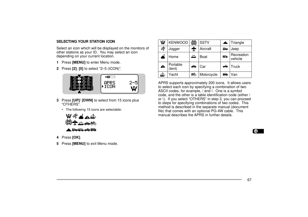 Kenwood TH-D7E Selecting Your Station Icon, Press UP/ DWN to select from 15 icons plus Others, Kenwood Sstv, Triangle 