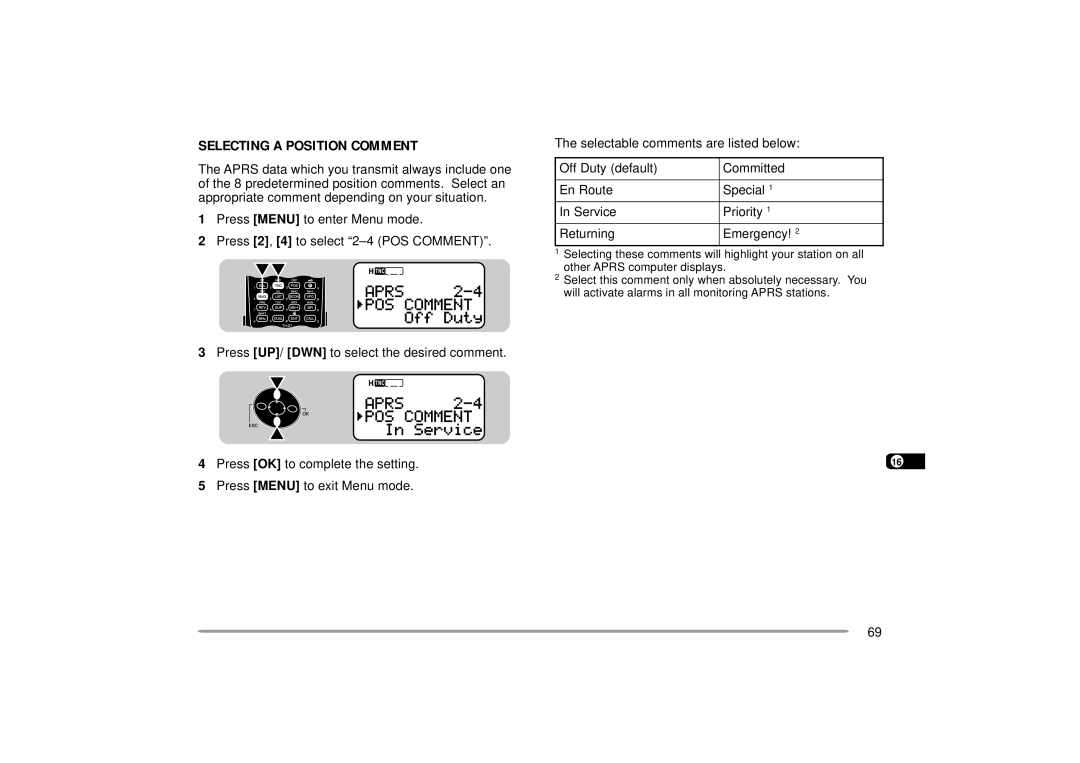 Kenwood TH-D7E, TH-D7A instruction manual Selecting a Position Comment, Press UP/ DWN to select the desired comment 