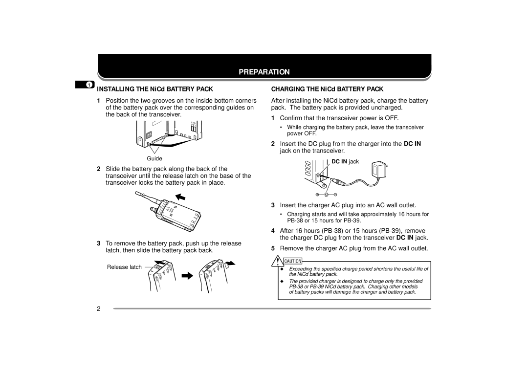 Kenwood TH-D7A Preparation, Latch, then slide the battery pack back, Insert the charger AC plug into an AC wall outlet 