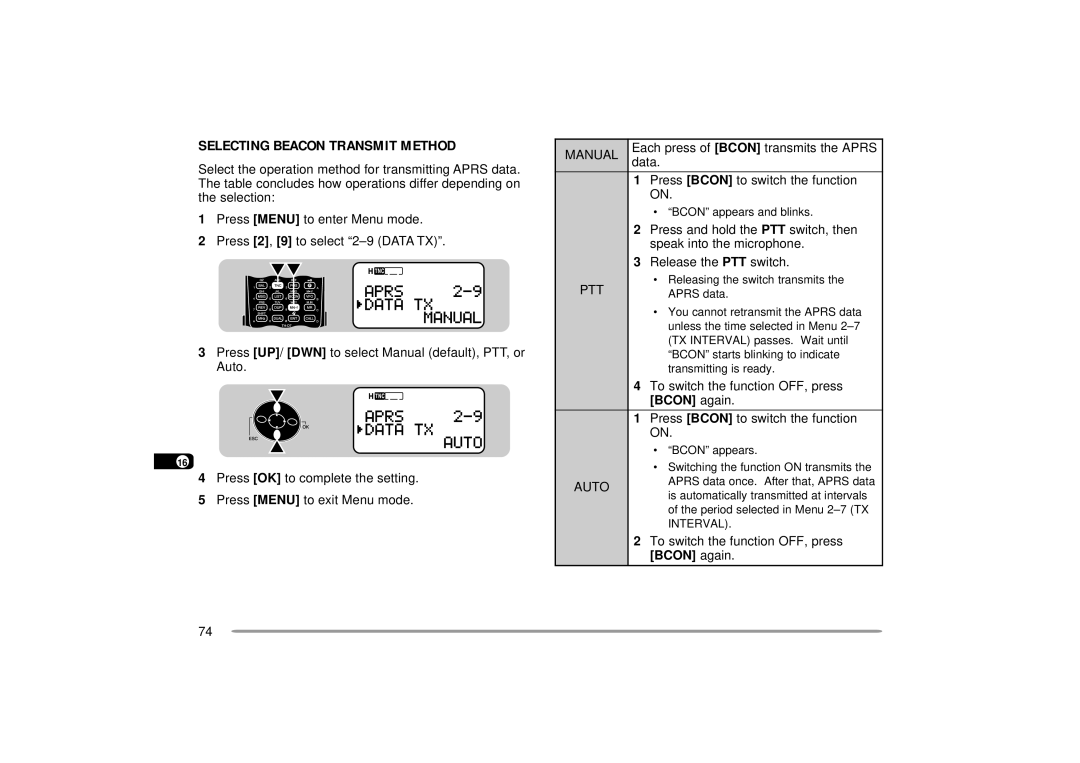 Kenwood TH-D7A, TH-D7E instruction manual Selecting Beacon Transmit Method, Press 2, 9 to select 2-9 Data TX, Bcon again 