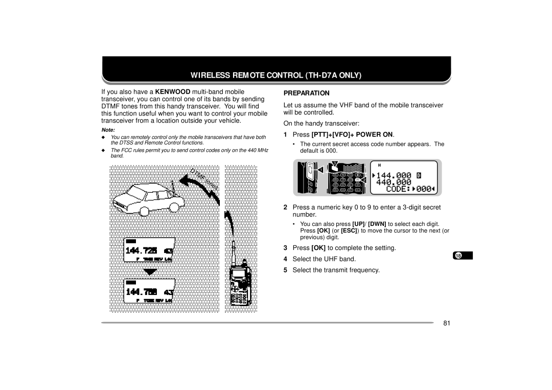 Kenwood TH-D7E instruction manual Wireless Remote Control TH-D7A only, Preparation, Press PTT+VFO+ Power on 