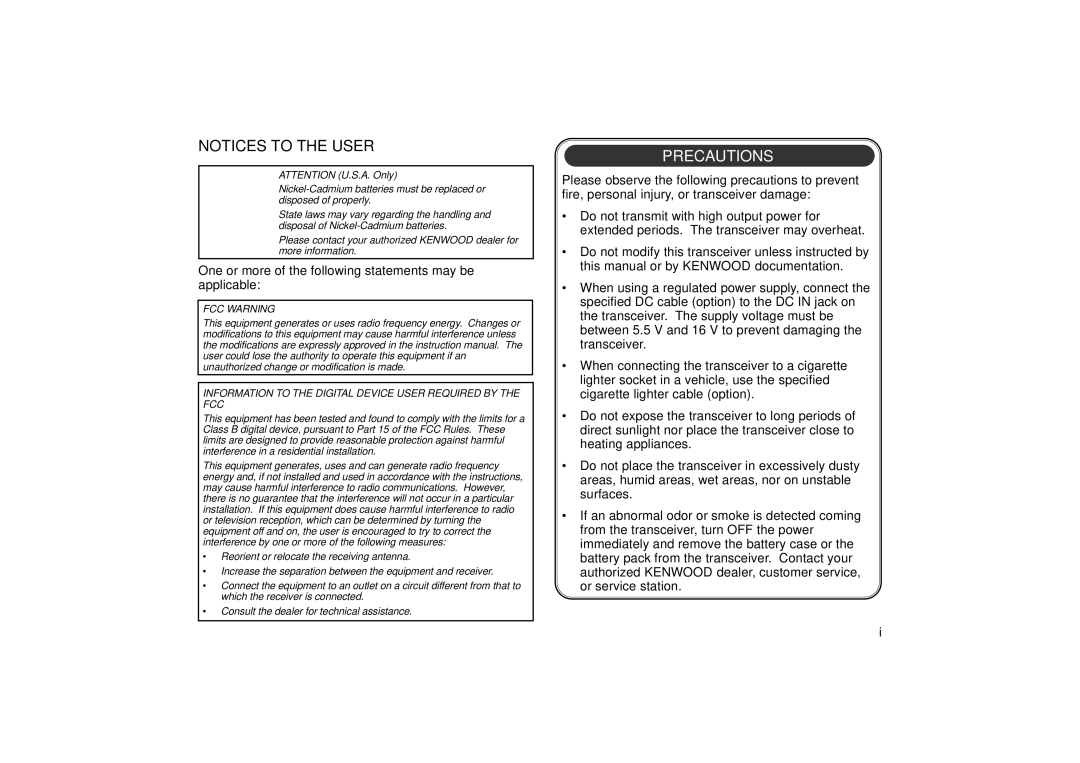 Kenwood TH-D7A instruction manual Precautions, One or more of the following statements may be applicable 