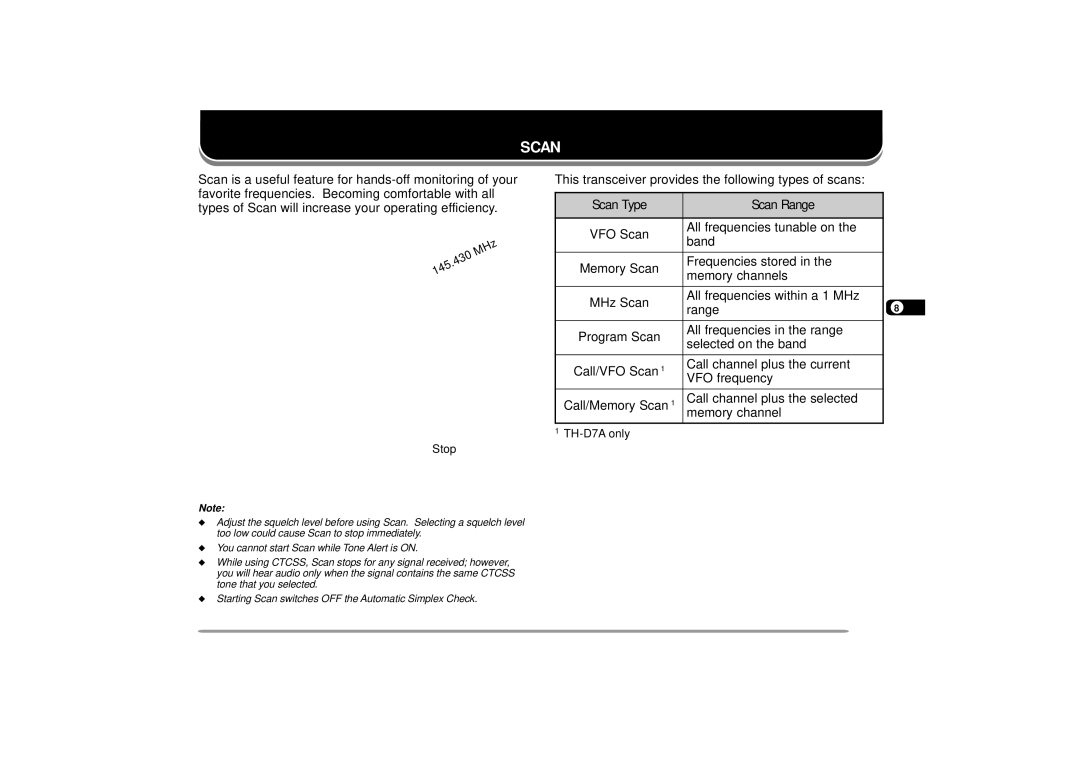 Kenwood TH-D7A instruction manual This transceiver provides the following types of scans, Scan Type Scan Range 