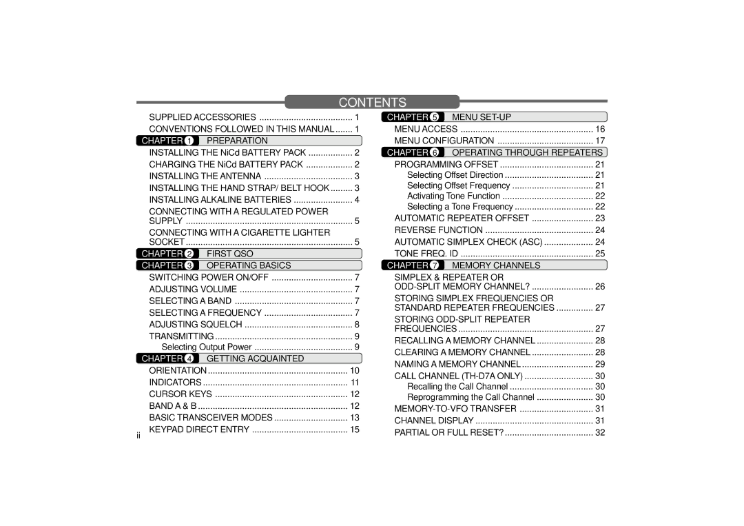 Kenwood TH-D7A instruction manual Contents 