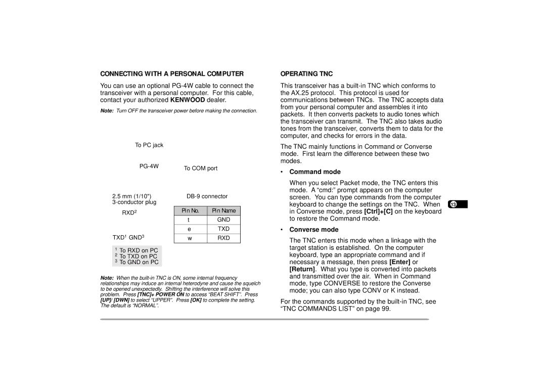 Kenwood TH-D7A instruction manual Connecting with a Personal Computer, Operating TNC, Command mode, Converse mode 