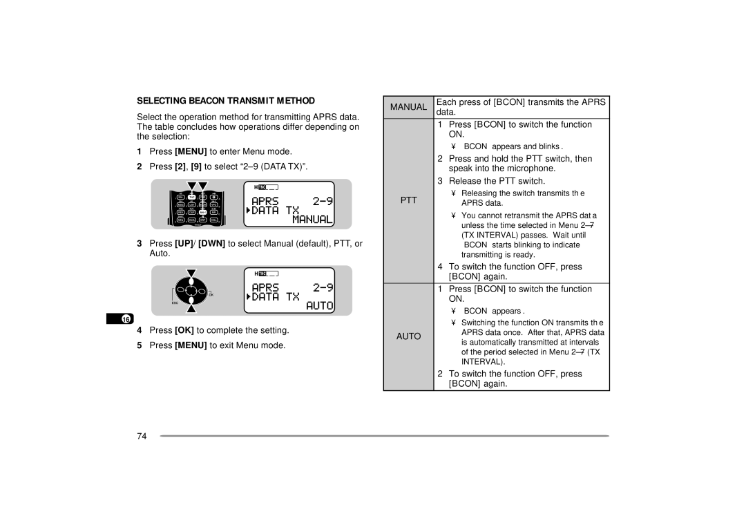 Kenwood TH-D7A instruction manual Selecting Beacon Transmit Method, Press 2, 9 to select 2-9 Data TX, Bcon again 