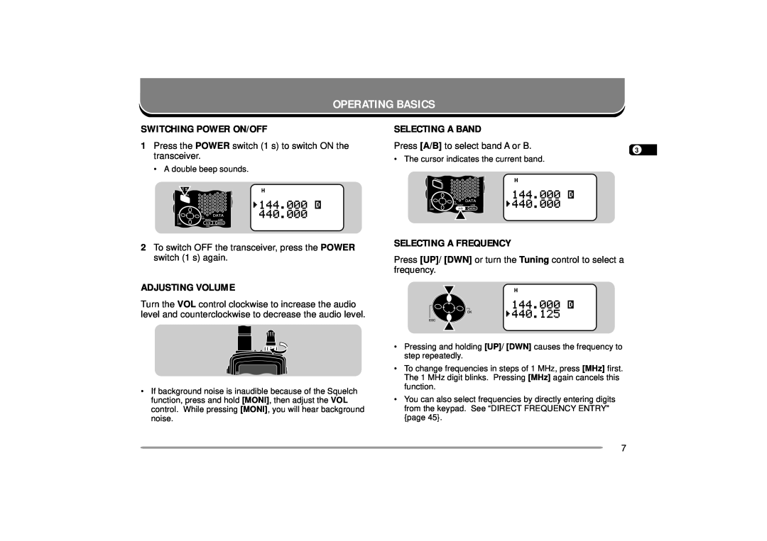 Kenwood TH-D7A Operating Basics, Switching Power On/Off, Adjusting Volume, Selecting A Band, Selecting A Frequency 