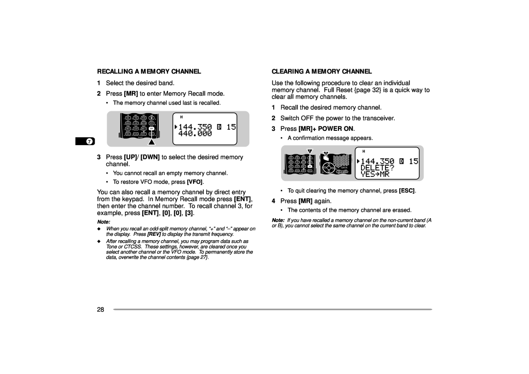 Kenwood TH-D7A instruction manual Recalling A Memory Channel, Clearing A Memory Channel, 3Press MR+ POWER ON 