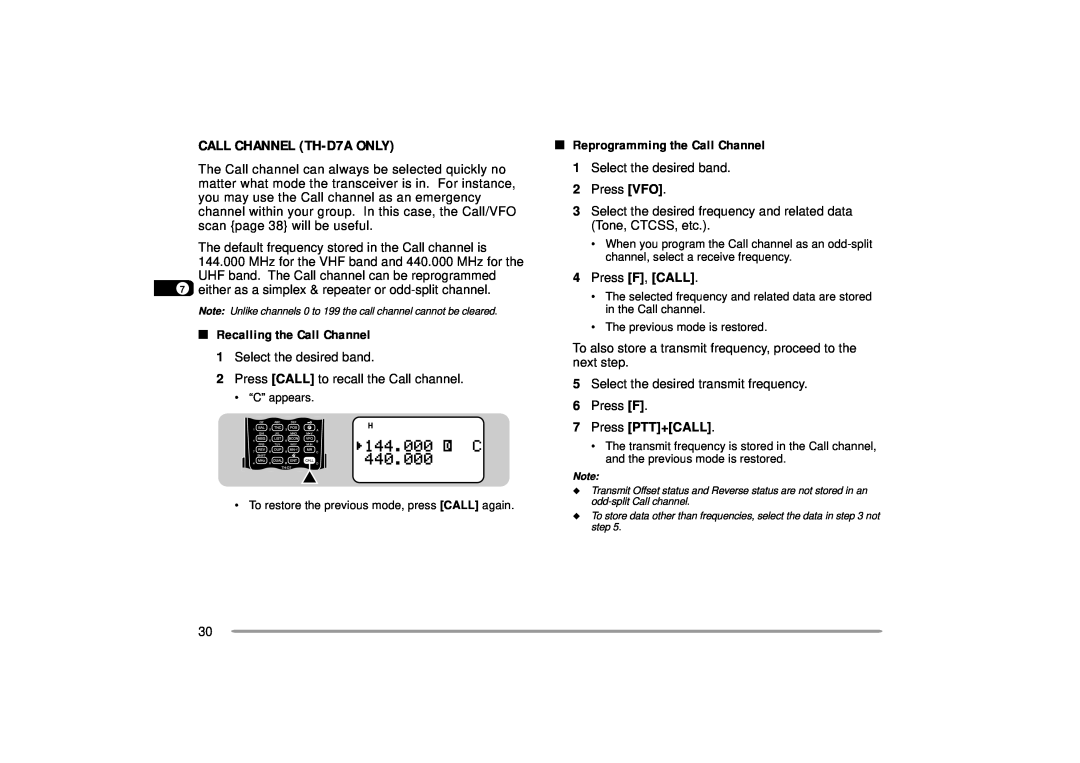 Kenwood CALL CHANNEL TH-D7AONLY, Recalling the Call Channel, Reprogramming the Call Channel, Press VFO, 7Press PTT+CALL 