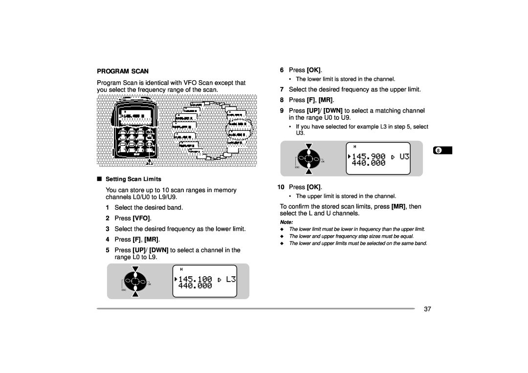 Kenwood TH-D7A instruction manual Program Scan, Setting Scan Limits, Press F, MR, Press VFO 