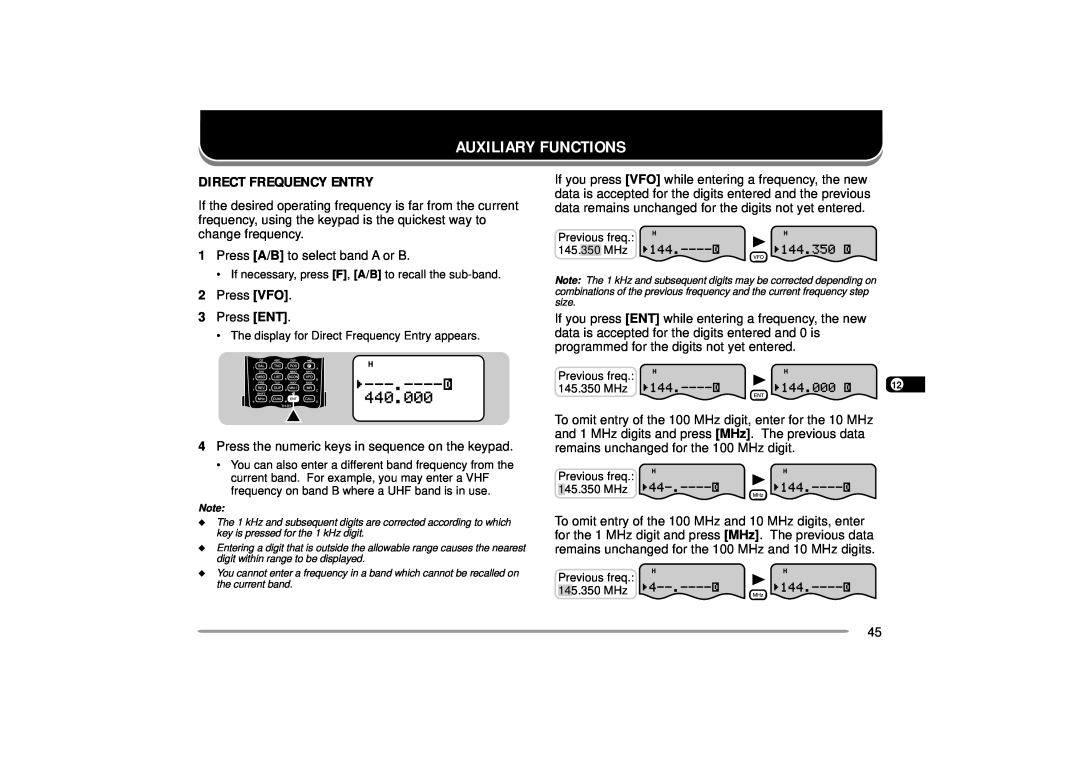 Kenwood TH-D7A instruction manual Auxiliary Functions, Direct Frequency Entry 