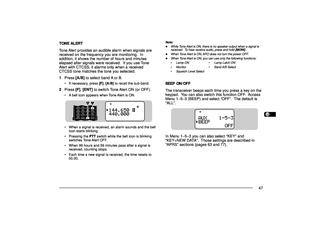 Kenwood TH-D7A instruction manual Tone Alert, Beep On/Off 