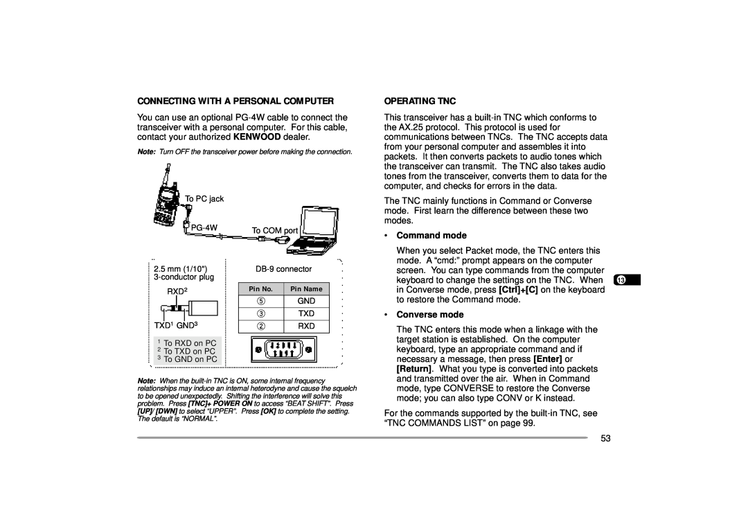 Kenwood TH-D7A instruction manual Connecting With A Personal Computer, Operating Tnc, Command mode, Converse mode 