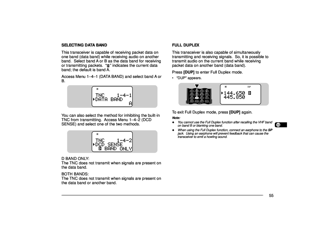 Kenwood TH-D7A instruction manual Selecting Data Band, Full Duplex 
