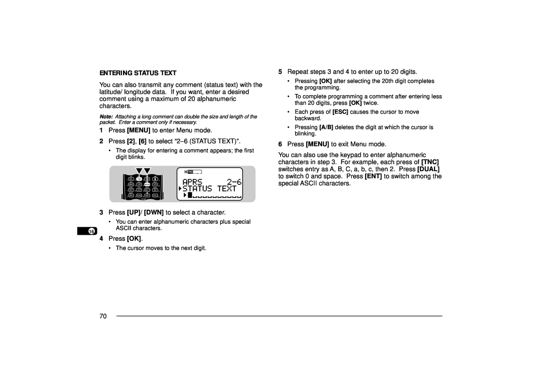 Kenwood TH-D7A instruction manual Entering Status Text, Press UP/ DWN to select a character 