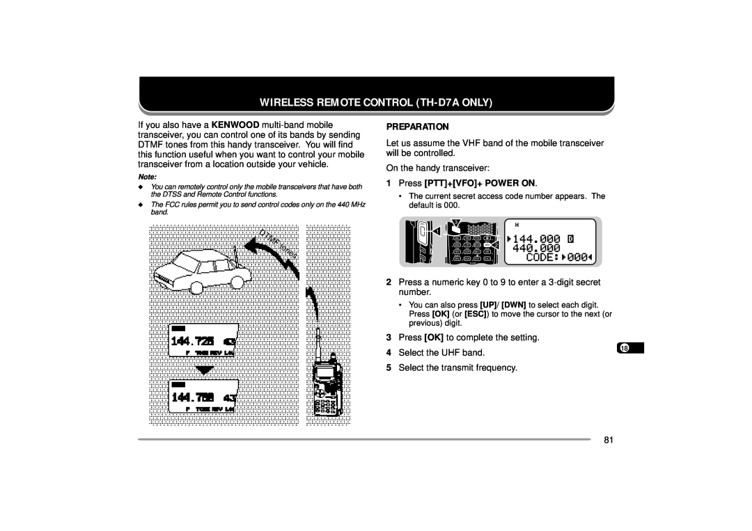 Kenwood instruction manual WIRELESS REMOTE CONTROL TH-D7AONLY, Preparation, 1Press PTT+VFO+ POWER ON 