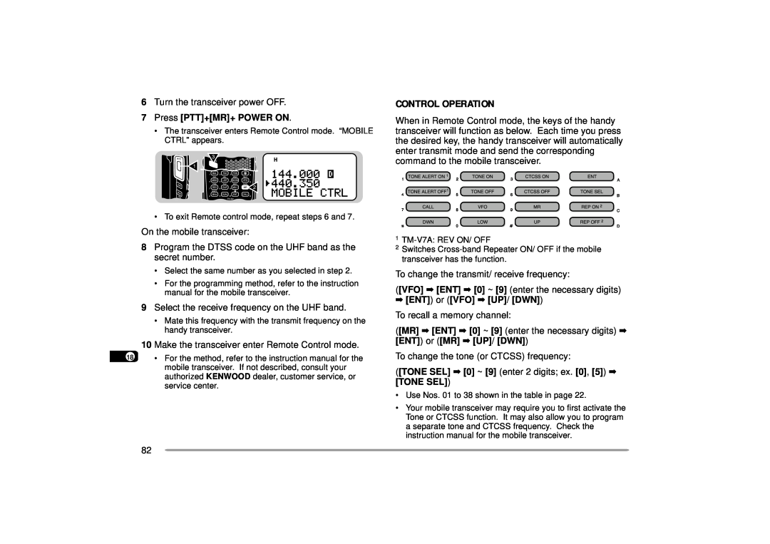 Kenwood TH-D7A instruction manual Control Operation, Press PTT+MR+ POWER ON, ENT or VFO UP/ DWN To recall a memory channel 