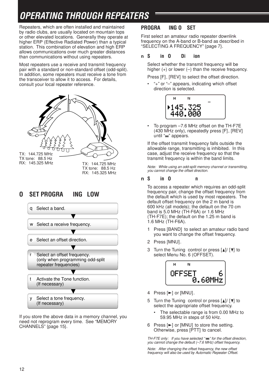 Kenwood TH-F7E Operating Through Repeaters, Offset Programming Flow, Programming Offset, Selecting Offset Direction 