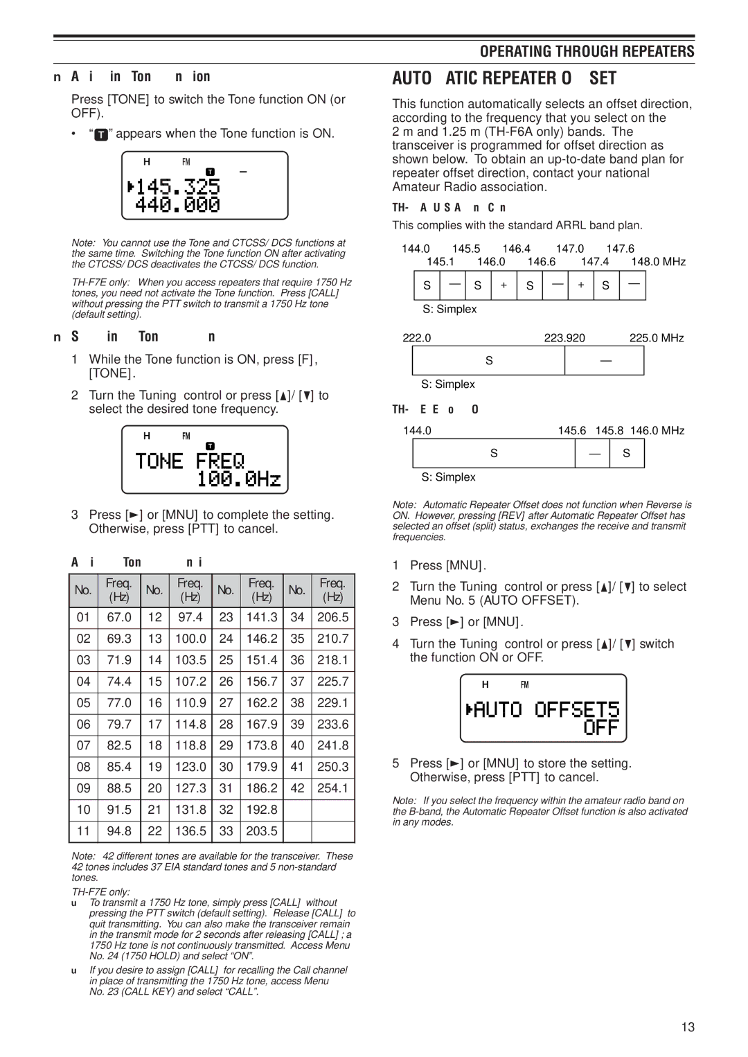 Kenwood TH-F6A, TH-F7E instruction manual Automatic Repeater Offset, Operating Through Repeaters, Activating Tone Function 