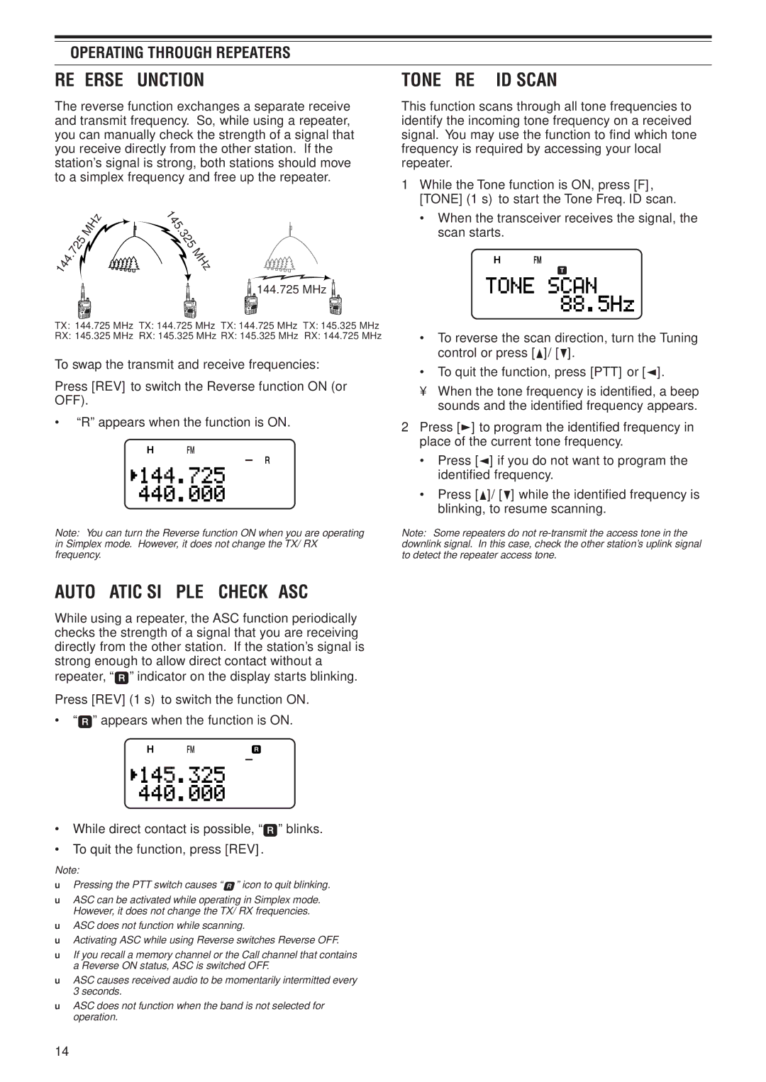 Kenwood TH-F7E, TH-F6A instruction manual Reverse Function, Tone FREQ. ID Scan, Automatic Simplex Check ASC 