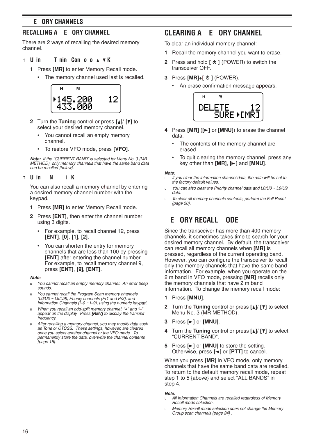 Kenwood TH-F7E, TH-F6A Memory Recall Mode, Memory Channels Recalling a Memory Channel, Using the Tuning Control or / Keys 