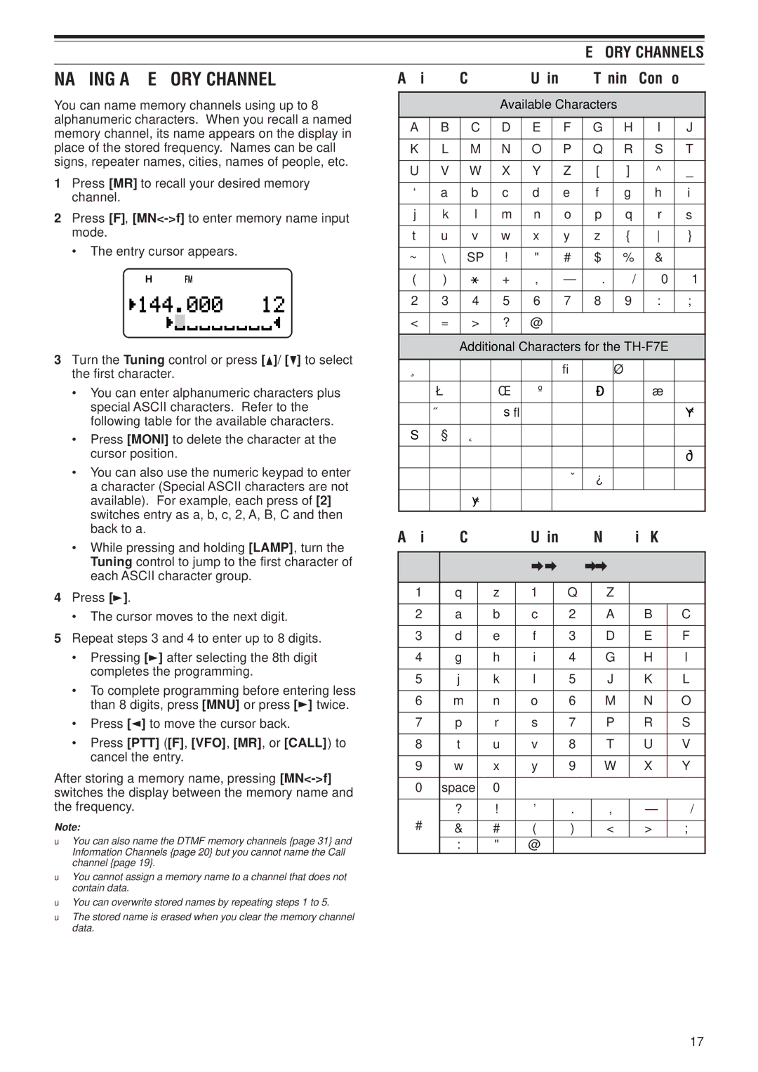 Kenwood TH-F6A, TH-F7E instruction manual Naming a Memory Channel, Memory Channels, Dtmf 