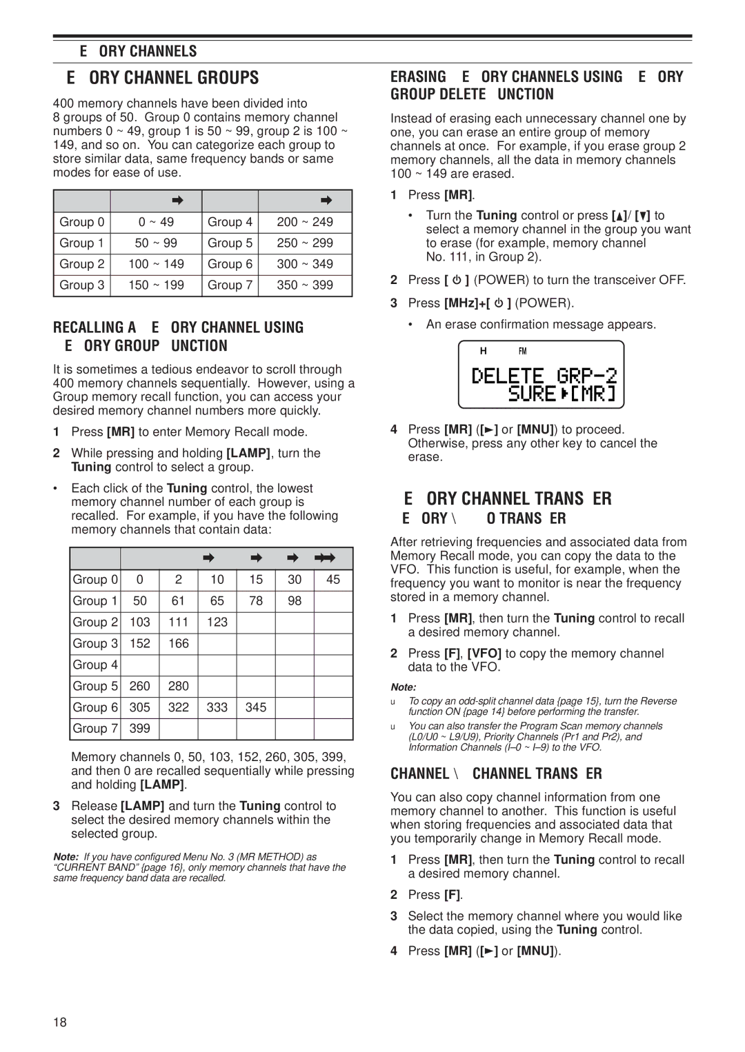 Kenwood TH-F7E, TH-F6A Memory Channel Transfer, Group Delete Function, Memory Group Function, Memory \ VFO Transfer 