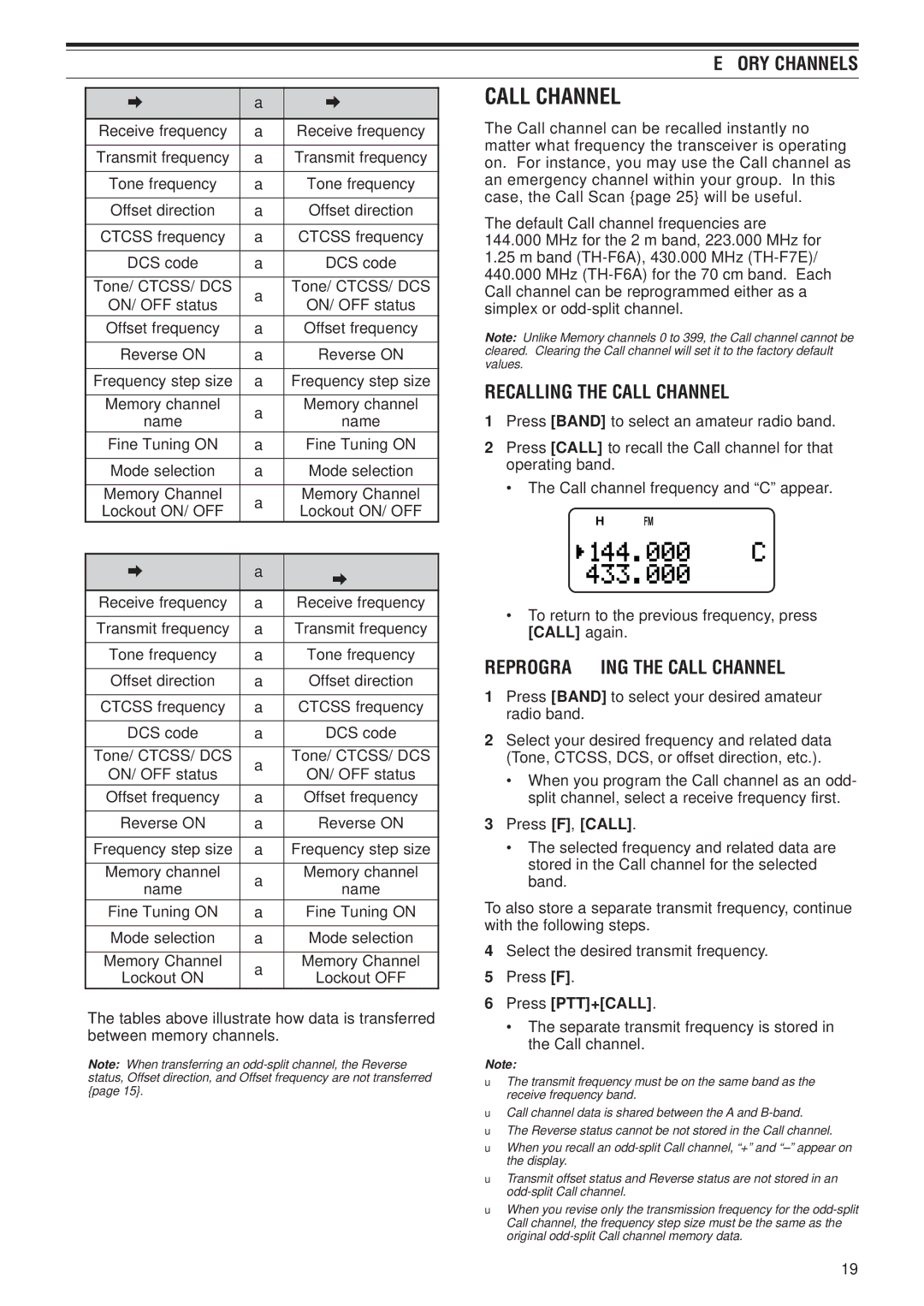 Kenwood TH-F6A, TH-F7E Recalling the Call Channel, Reprogramming the Call Channel, Channel 0 ~, Press PTT+CALL 